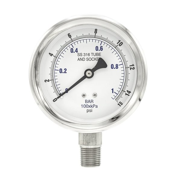 Pic Gauges Gauge, 4", 0/15psi, 1/2"LM, SS PRO-301D-402B-01